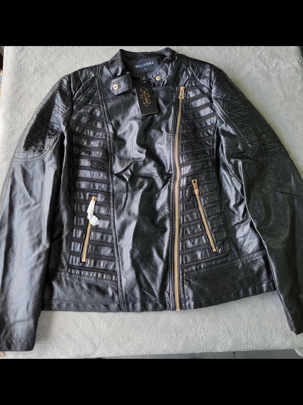 Bellivera Women's Black Quilted Faux Leather Moto Jacket with Gold Hardware